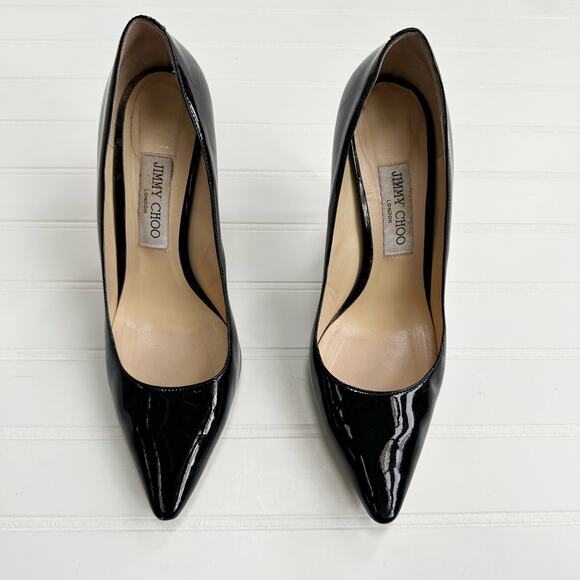 Jimmy Choo Romy Pump Black Patent Leather Classic Stiletto Heel 39.5 - Picture 1 of 8
